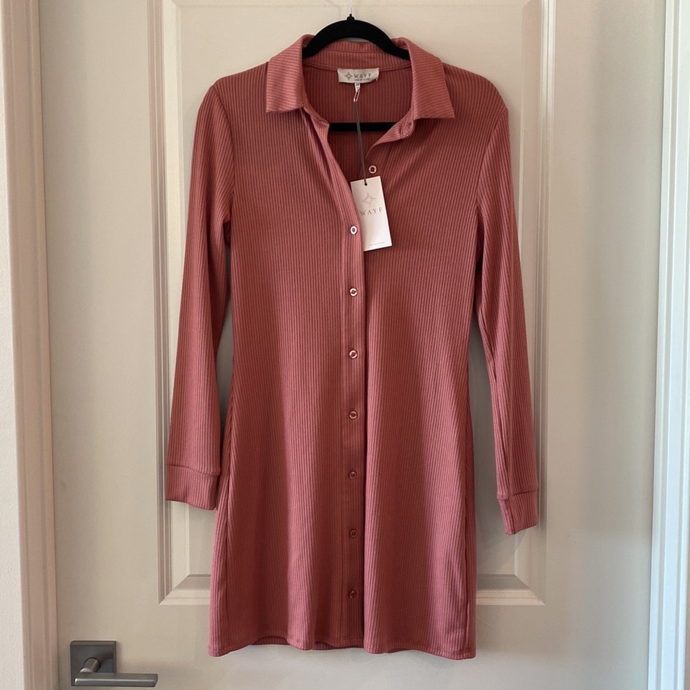 Wayf Ribbed Button-Up Mini Shirt Dress in Mauve NWT - Picture 2 of 5
